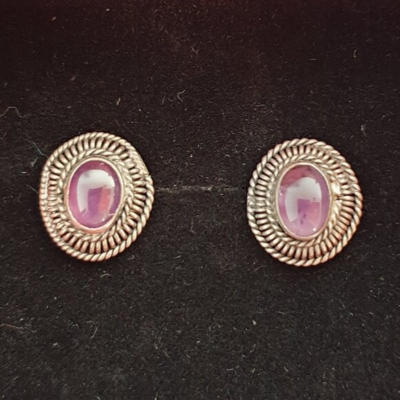 Vintage Natural Amethyst Cabochon 925 Silver Stud Earrings – Handcrafted - Picture 1 of 14